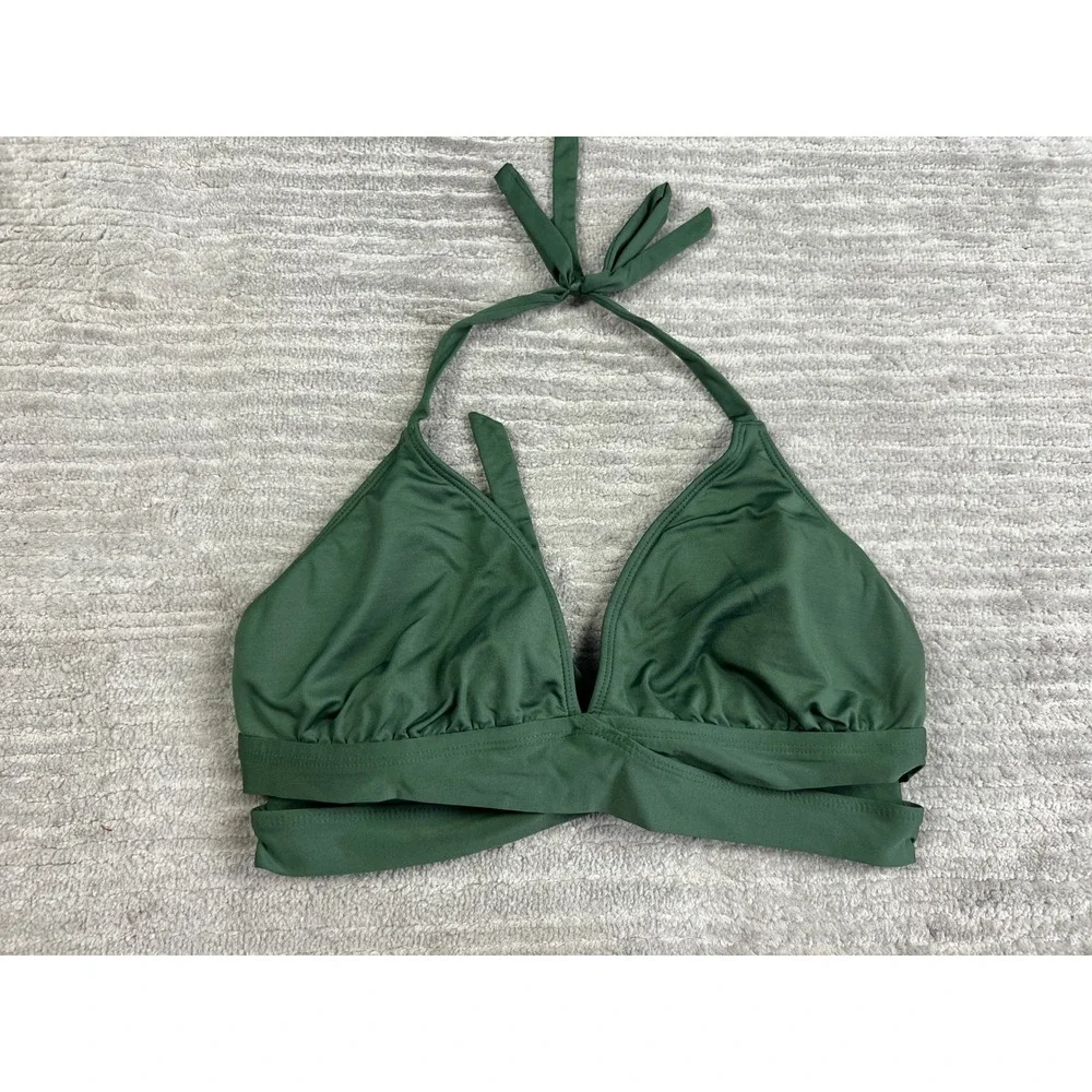 Kona Sol Bikini Top Womens L Olive‎ Green Halter Wrap Front Solid Swimwear